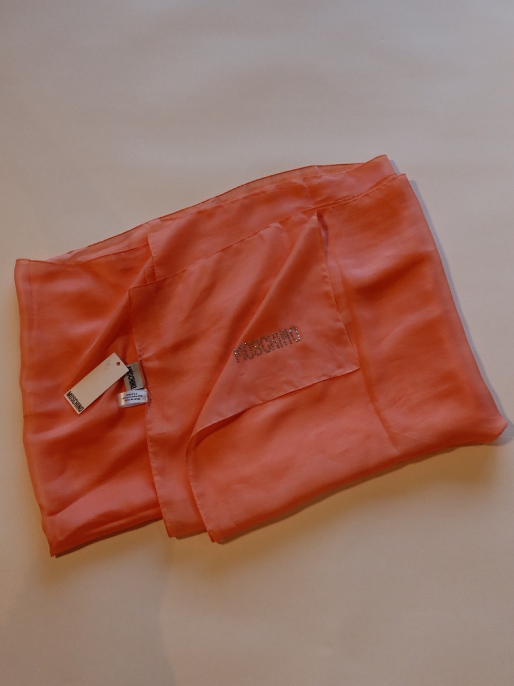 Moschino Rhinestone Logo Coral Silk Scarf — NWT, Made in Italy